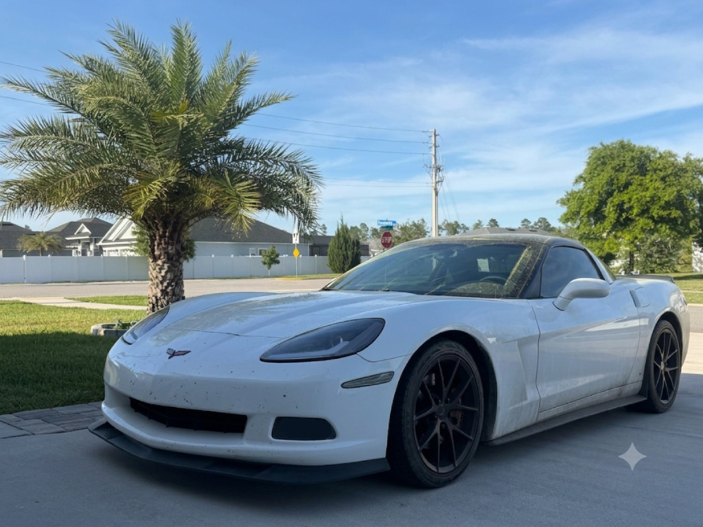 White Corvette before detailing — road grime, rust on wheels